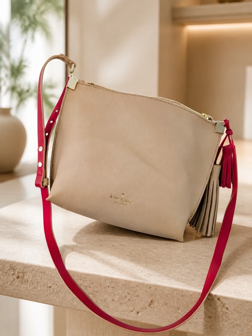 kate spade beige crossbody with bright pink strap & Tassels